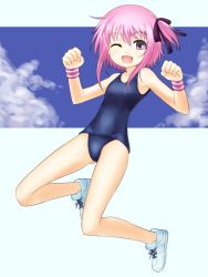  10s 1girl armpits bad_id bad_pixiv_id blue_school_swimsuit blue_one-piece_swimsuit clenched_hand clenched_hands collarbone hair_ornament hair_ribbon jumping looking_at_viewer masaki_(masa168) minato_tomoka old_school_swimsuit one-piece_swimsuit one_eye_closed open_mouth pink_hair purple_eyes purple_hair purple_ribbon purple_wristband ribbon rou-kyuu-bu! school_swimsuit shoes short_hair side_ponytail sneakers solo striped striped_wristband swimsuit white_footwear wink wristband 