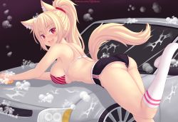 1girl animal_ear_fluff animal_ears ass bikini blonde_hair blush breasts bubble car car_wash cat cat_ears cat_tail highres kneehighs large_breasts long_hair looking_at_viewer motor_vehicle nottytiffy open_mouth original panties red_eyes short_shorts shorts slit_pupils smile socks solo sponge swimsuit tail thighs tiffy_(nottytiffy) tongue tongue_out underwear washing_vehicle rating:Sensitive score:104 user:danbooru
