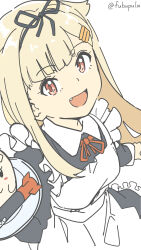  1girl absurdres alternate_costume apron artist_name black_dress blonde_hair commentary_request cowboy_shot dress enmaided fang frilled_apron frills from_above fubupula hair_ornament hairclip highres kantai_collection long_hair maid one-hour_drawing_challenge plate red_eyes solo the_yuudachi-like_creature torpedo twitter_username white_apron yuudachi_(kancolle) yuudachi_kai_ni_(kancolle) 