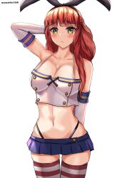  1girl animal_ears arm_up armpits bare_shoulders blue_skirt blush breasts cleavage closed_mouth commentary_request cosplay cowboy_shot cropped_shirt de_ruyter_(kancolle) fake_animal_ears green_eyes highres kantai_collection long_hair medium_breasts microskirt midriff mizuki_(uzuki_no_sato) navel one-hour_drawing_challenge pleated_skirt red_hair shimakaze_(kancolle) shimakaze_(kancolle)_(cosplay) shirt simple_background skirt sleeveless sleeveless_shirt solo striped_clothes striped_thighhighs thighhighs thong twitter_username white_background 