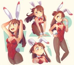  1girl :t absurdres animal_ears asymmetrical_hair bow bowtie breasts brown_eyes brown_hair brown_pantyhose carrot covered_navel detached_collar fake_animal_ears highres kagari_atsuko leotard little_witch_academia long_hair madabau medium_breasts multiple_views pantyhose playboy_bunny rabbit_ears rabbit_tail red_leotard solo strapless strapless_leotard tail wrist_cuffs 