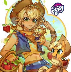  1girl absurdres apple applejack applejack_(equestria_girls) bandana bandana_around_neck bare_arms basket bead_bracelet beads belt black_belt blonde_hair bracelet brown_bracelet brown_hat brown_pants closed_mouth colored_skin commentary copyright_name cowboy_hat creature_and_personification cross-eyed ear_piercing english_commentary floating_food food freckles fruit green_bracelet green_eyes hair_behind_ear hair_flaps halftone halftone_background hand_up hat highres holding holding_basket horse jewelry leaf looking_at_viewer lower_teeth_only mato-c midriff multiple_bracelets my_little_pony my_little_pony:_equestria_girls my_little_pony:_friendship_is_magic navel necklace open_mouth orange_bandana orange_shirt orange_skin pants piercing pointing pointing_up shirt simple_background smile sparkle teeth torn_clothes torn_shirt upper_body wide-eyed yellow_tail 