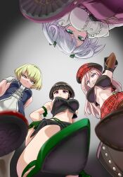  4girls alisa_ilinichina_amiella arm_strap arm_up bare_shoulders black_footwear black_gloves black_hair black_shirt black_skirt black_vest blonde_hair blue_eyes blunt_bangs bob_cut boots breasts cabbie_hat center_frills ciel_alencon closed_mouth commentary_request commission crop_top cropped_vest dress elbow_gloves feet foot_focus fran_francois_francesca_de_bourgogne frills from_below gloves god_eater god_eater_2:_rage_burst god_eater_burst green_eyes grey_hair hair_between_eyes hair_ribbon hand_on_own_hip hand_up hat high_heels highres large_breasts long_hair long_skirt looking_at_viewer medium_breasts multiple_girls navel pantyhose parted_lips plaid plaid_headwear plaid_skirt pov purple_footwear red_footwear red_headwear red_skirt ribbon shirt shoes short_hair short_twintails sideboob sidelocks single_elbow_glove skeb_commission skirt sleeveless sleeveless_shirt standing standing_on_one_leg stepped_on stomach suikabo suspender_skirt suspenders suspenders_slip tachibana_sakuya_(god_eater) thigh_boots tight_clothes tight_dress time_paradox twintails underboob vest white_dress white_gloves white_hair white_shirt  rating:Sensitive score:26 user:danbooru