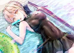 1girl artoria_pendragon_(all) artoria_pendragon_(alter_swimsuit_rider)_(first_ascension)_(fate) artoria_pendragon_(fate) bare_arms beach black_dress black_one-piece_swimsuit blonde_hair blue_ribbon braid breasts covered_erect_nipples covered_navel day dress excalibur_morgan_(fate) fate/grand_order fate_(series) food hair_ribbon holding holding_food innertube koyuki_(kotatsu358) looking_at_viewer lying medium_breasts one-piece_swimsuit orange_eyes outdoors popsicle ribbon saber_alter solo sunlight swim_ring swimsuit turtleneck water rating:Questionable score:19 user:danbooru