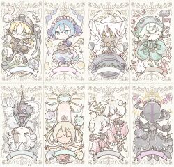  1other 4boys 5girls :&lt; ahoge animal_ears arm_up basket belafu belafu_(human) belt_pouch black_capelet black_coat blonde_hair blue_eyes blue_hair bondrewd brown_gloves bug butterfly capelet card_(medium) cartridge_(made_in_abyss) chibi claws closed_eyes coat commentary covered_face covering_own_mouth cowlick dark-skinned_female dark_skin dog_ears double-parted_bangs dress extra_arms faputa floppy_ears floral_background flower frilled_sleeves frills full_body gabuurun gauntlets glasses gloves glyph green_dress green_eyes green_hat grey_scarf hair_ornament hair_rings halo hat headlamp helmet highres hiruzen15a9 holding holding_basket insect irumyuui irumyuui&#039;s_children long_coat looking_at_another looking_at_viewer made_in_abyss made_in_abyss_runes maid maid_headdress maruruk masked mechanical_legs meinya_(made_in_abyss) menae_(made_in_abyss) messy_hair monster_girl multicolored_hair multiple_boys multiple_girls navel neritantan nixie_tube on_head outstretched_arms pale_color parted_bangs patterned petals pickaxe pink_eyes pink_skirt pink_sleeves plaid plaid_skirt pouch praying prushka riko_(made_in_abyss) scar scar_on_face scarf semi-rimless_eyewear sherumi_(made_in_abyss) short_hair sidelocks skirt sleeves_past_fingers sleeves_past_wrists sparkle spread_arms star_compass stitches streaked_hair t-pose tail tarot tarot_(medium) test_tube translated upside-down w_arms walking whistle whistle_around_neck white_fur yellow_eyes 