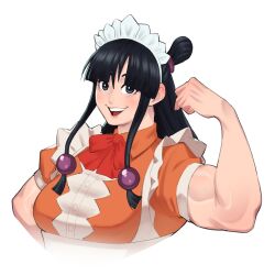  1girl ace_attorney biceps breasts capcom drakkaiart female_focus flexing highres long_hair looking_at_viewer matching_hair/eyes maya_fey medium_breasts muscular muscular_female solo upper_body waitress  rating:General score:6 user:catonfire26
