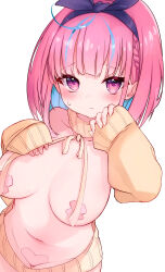  1girl :s absurdres aqua_hair belly blue_scarf blush braid breasts closed_mouth collarbone colored_inner_hair commentary_request cross_pasties fingernails hair_scarf hand_on_own_chest heart_maebari highres hololive kojou_gunshi large_breasts long_sleeves looking_at_viewer maebari medium_hair meme_attire minato_aqua multicolored_hair navel pasties pink_eyes pink_hair scarf simple_background sleeves_past_wrists solo stomach streaked_hair sweatdrop sweater thigh_gap two-tone_hair virgin_killer_sweater virtual_youtuber white_background yellow_sweater 