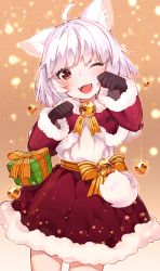 1girl ;d animal_ear_fluff animal_ears bad_id bad_pixiv_id bell black_gloves box capelet cat_ears cat_tail christmas christmas_ornaments fangs fur-trimmed_capelet fur-trimmed_skirt fur-trimmed_sleeves fur_trim gift gift_box gloves highres hoshi_usagi jingle_bell one_eye_closed open_mouth original paw_pose red_eyes revision sash skirt smile solo star_(symbol) tail white_hair rating:Sensitive score:2 user:danbooru