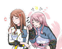  2girls ^_^ anger_vein athyra bang_dream! bang_dream!_it&#039;s_mygo!!!!! belt blush brown_hair chihaya_anon closed_eyes clothing_cutout commentary dress fang grin long_hair long_sleeves multiple_girls nagasaki_soyo pink_belt pink_hair poking shoulder_cutout sidelocks simple_background smile sweatdrop symbol-only_commentary trembling wavy_mouth white_background white_dress 