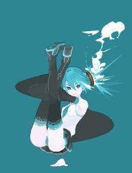  1girl bad_id bad_pixiv_id bare_shoulders blue_background blue_eyes blue_hair blue_panties detached_sleeves full_body hair_ornament hand_on_floor hatsune_miku legs_up looking_at_viewer non-web_source panties sentakki shirt simple_background skirt sleeveless smile smoke solo solo_focus thighhighs twintails underwear vocaloid 