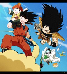  5boys arms_up black_hair brothers camera cloak cloud collarbone commentary_request dougi dragon_ball dragon_ball_(object) dragonball_z father_and_son flying flying_nimbus grin happy highres holding holding_camera long_hair multiple_boys muscular muscular_male open_mouth paper parent_and_child piccolo pilaf raditz ruto830 saiyan_armor scouter short_hair siblings smile son_gohan son_goku spiked_hair thumbs_up turban uncle_and_niece white_cloak white_turban 