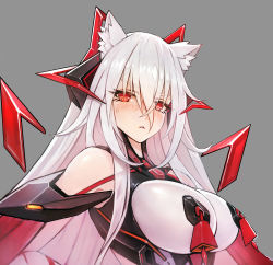  1girl animal_ears bad_id bad_pixiv_id blush breasts cat_ears grey_background hair_between_eyes headgear highleg highres large_breasts long_hair looking_at_viewer nipple_bells original red_eyes science_fiction solo sweatdrop upper_body white_hair zhuore_zhi_hen 