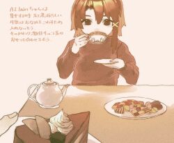 1girl black_sweater brown_eyes brown_hair cake cake_slice checkerboard_cookie chocolate_cake cookie cup drinking food highres holding holding_cup holding_plate iwakura_lain long_sleeves parted_bangs plate pov pov_hands serial_experiments_lain sitting solo sweater table teapot thumbprint_cookie translation_request unknown_sakaki 
