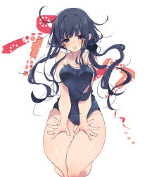  1girl :i black_hair black_one-piece_swimsuit black_scrunchie blush breasts breasts_squeezed_together closed_mouth collarbone commentary_request competition_school_swimsuit floating_hair furrowed_brow gluteal_fold hair_ornament hair_scrunchie hamayumiba_sou hanayamata highres large_breasts legs_up long_hair looking_at_viewer loose_hair_strand nishimikado_tami one-piece_swimsuit pout school_swimsuit scrunchie simple_background solo swimsuit tearing_up thick_thighs thighs very_long_hair white_background 