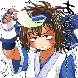  1girl ainu_clothes anger_vein angry blue_eyes breasts brown_hair clenched_teeth fingerless_gloves gloves hair_ribbon highres japanese_text medium_breasts open_mouth ribbon rimururu samurai_spirits snk solo sweat talisman teeth translation_request 