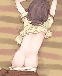  1girl ass brown_hair cleft_of_venus clothes_lift clothes_pull from_above loli lying on_stomach otohime_(youngest_princess) panties pants pants_pull panty_pull pussy shirt_lift solo underwear  rating:Explicit score:223 user:HiriHiri