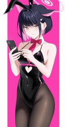  1girl absurdres animal_ears bare_shoulders black_hair black_leotard blue_archive bow bowtie breasts cat_ears cellphone clothing_cutout colored_inner_hair commentary_request covered_navel cowboy_shot detached_collar earrings hair_ornament hairclip halo heart_cutout highres holding holding_phone hoop_earrings jewelry kazusa_(blue_archive) leotard looking_at_viewer medium_breasts monochrome multicolored_hair nontraditional_playboy_bunny pantyhose phone playboy_bunny rabbit_hole_(vocaloid) riogu7t short_hair sidelocks smartphone solo standing  rating:Sensitive score:19 user:danbooru