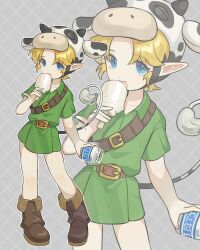  1boy absurdres blonde_hair blue_eyes brown_footwear child commentary_request food green_tunic hat highres ice_cream licking link male_focus nintendo pointy_ears rmflarmflrl22 the_legend_of_zelda the_legend_of_zelda:_ocarina_of_time tunic young_link 