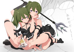 1boy 2girls arm_up armpit_crease armpits artist_name bare_shoulders barefoot black_dress black_gloves black_socks blush bottle breasts chibi cleavage clone closed_mouth commentary double-parted_bangs dress english_commentary eyelashes feca feet full_body gloves green_hair hair_between_eyes highres holding_with_feet in_bottle in_container jitome land_(sousou_no_frieren) leaning_on_person legs licking_lips long_hair looking_at_viewer medium_breasts multiple_girls no_shoes on_ground paid_reward_available purple_eyes shoes side_ponytail sidelocks sitting smile smug socks soles sousou_no_frieren spread_toes thigh_strap toenails toes tongue tongue_out ubel_(sousou_no_frieren) unworn_shoes rating:Sensitive score:41 user:danbooru