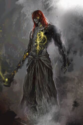  1boy broken cracked_skin decay elden_ring elden_ring_(object) fantasy gold_aura hammer highres holding holding_hammer holding_weapon junjiuk long_hair looking_to_the_side no_armor radagon_of_the_golden_order red_hair solo topless_male weapon  rating:General score:8 user:danbooru