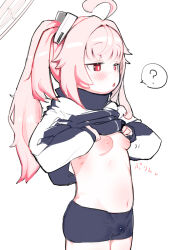  1girl ? ahoge bike_shorts blue_archive blush breasts cameltoe cleft_of_venus clothes_lift commentary_request fat_mons halo hood hoodie inverted_nipples jacket large_areolae loli long_hair multicolored_clothes multicolored_jacket natsu_(blue_archive) navel no_bra open_mouth pink_hair puffy_nipples red_eyes shirt_lift side_ponytail simple_background small_breasts speech_bubble spoken_question_mark stomach uminotacos white_background  rating:Questionable score:127 user:danbooru