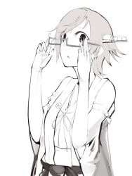  1girl adjusting_eyewear blue_eyes breasts commentary detached_sleeves expressionless glasses grey-framed_eyewear greyscale hiei_(kancolle) japanese_clothes kantai_collection kimono looking_at_viewer medium_bangs monochrome neck_ribbon nontraditional_miko open_mouth rectangular_eyewear ribbon short_hair simple_background small_breasts solo spot_color tugmix upper_body white_background wide_sleeves 