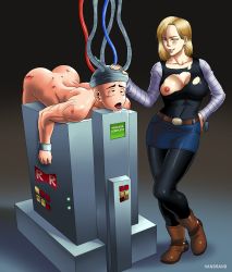  1boy 1girl android_18 artist_name bdsm beaten bondage boots bound breasts captured clothed_female_nude_male couple dragon_ball dragonball_z drooling femdom gradient_background hand_on_another&#039;s_head hand_on_own_hip highres kuririn large_breasts looking_at_viewer machine mind_break mind_control miniskirt nipples no_nose nude one_eye_closed restrained short_hair simple_background skirt slave stationary_restraints top-down_bottom-up torn_clothes vanbrand wink  rating:Explicit score:35 user:toka78