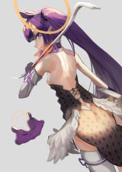  1girl ass back back_focus bare_shoulders blunt_bangs butt_crack cowboy_shot crowbar from_behind halo highres holding holding_crowbar hololive hololive_english long_hair looking_at_viewer looking_back m0_chi ninomae_ina&#039;nis over_shoulder pointy_ears ponytail profile purple_eyes purple_hair smile solo takodachi_(ninomae_ina&#039;nis) thighhighs very_long_hair virtual_youtuber weapon weapon_over_shoulder wings  rating:Sensitive score:13 user:danbooru