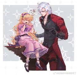  1boy 1girl black_gloves blonde_hair blue_eyes bow child coat crying dante_(devil_may_cry) devil_may_cry devil_may_cry_(anime) devil_may_cry_(series) devil_may_cry_2 dress gloves hair_over_one_eye holding long_hair male_focus open_mouth patty_lowell puffy_shorts red_coat shorts tears thigh_strap upper_body white_hair 