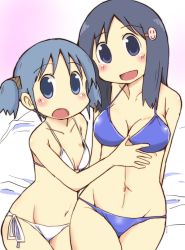  2girls bikini blue_hair blush breasts gradient_background long_hair looking_at_viewer medium_breasts multiple_girls naganohara_mio naganohara_yoshino nichijou open_mouth short_hair short_twintails siblings sisters small_breasts smile swimsuit twintails zubatto 