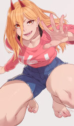  1girl artist_name barefoot blue_shorts breasts chainsaw_man collarbone commentary demon_horns english_commentary eyelashes feet feguimel grey_background hair_between_eyes highres horns long_hair looking_at_viewer open_mouth orange_hair pink_shirt power_(chainsaw_man) red_horns sharp_teeth shirt short_shorts shorts signature simple_background small_breasts solo squatting symbol-shaped_pupils teeth thighs tiptoes toenails toes v-shaped_eyebrows  rating:General score:22 user:spiderfan