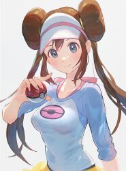  1girl blush breasts brown_hair closed_mouth commentary_request creatures_(company) double_bun game_freak hair_bun hand_up highres holding holding_poke_ball long_hair nail_polish nintendo pink_nails poke_ball poke_ball_(basic) pokemon pokemon_bw2 raglan_sleeves rosa_(pokemon) shirt shorts smile solo twintails upper_body visor_cap yellow_shorts yosame0a 