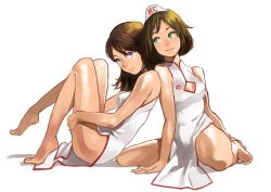  2girls absurdres barefoot blue_eyes breasts brown_hair challengia china_dress chinese_clothes cleavage dress feet green_eyes highres honchan long_hair medium_breasts multiple_girls myschan nchans short_hair simple_background sitting smile white_dress yomu_(sgt_epper)  rating:Questionable score:25 user:xerin