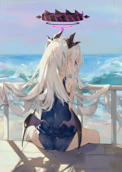 1girl ass beach blue_archive deck dema_hmw from_behind highres hina_(blue_archive) hina_(swimsuit)_(blue_archive) horns long_hair looking_at_viewer looking_back low_wings mini_wings ocean old_school_swimsuit purple_horns school_swimsuit sitting solo swimsuit water waves white_hair wings rating:Sensitive score:91 user:danbooru