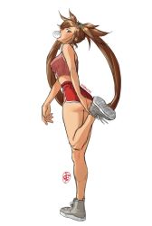  1girl arc_system_works ass brown_hair chewing_gum guilty_gear highres kohquette kuradoberi_jam long_hair looking_back crop_top shirt shoes shorts stretching  rating:Explicit score:17 user:Snowfaalls