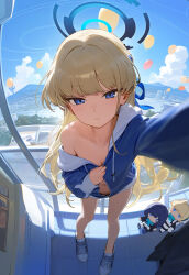  1girl blonde_hair blue_archive blue_eyes blue_ribbon blue_sky blush breasts covering_breasts covering_privates doll halo highres long_hair looking_at_viewer nude ribbon shoes sky sneakers solo toki_(blue_archive)  rating:Questionable score:42 user:awfjeioawfji