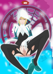  1girl absurdres artist_name blonde_hair blue_eyes bodysuit breasts female_focus full_body gloves gwen_stacy highres hip_focus hood impossible_clothes jarvis knee_up light_smile logo looking_at_viewer makeup marvel no_panties no_shoes presenting pussy short_hair sitting smile solo spider-gwen spider-man_(series) spider_web_print spread_pussy superhero_costume torn_bodysuit torn_clothes uncensored  rating:Explicit score:38 user:avenir