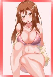  1girl artist_request bikini bikini_top_only blush bow bra breasts brown_eyes brown_hair cleavage collarbone facing_viewer highres kawai_shizuka large_breasts leaning_back legs_together long_hair looking_at_viewer matching_hair/eyes midriff mouth_hold multicolored_bikini multicolored_bikini_top multicolored_bra multicolored_clothes navel polka_dot polka_dot_bikini polka_dot_bikini_bottom polka_dot_bra shy sitting solo swimsuit underwear yu-gi-oh! yu-gi-oh!_duel_monsters  rating:Questionable score:19 user:Hanje128