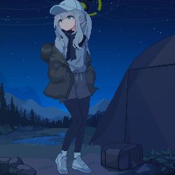  1girl baseball_cap black_pantyhose black_scarf blue_archive brown_jacket camping drawstring forest full_body grass green_eyes grey_hair grey_shorts hair_between_eyes half_updo hare_(blue_archive) hare_(camp)_(blue_archive) hat highres jacket knees_together_feet_apart long_hair long_sleeves looking_to_the_side mountainous_horizon nature night night_sky off_shoulder open_clothes open_jacket outdoors pantyhose pixel_art pond ponytail rock scarf shirt shoes shorts sidelocks sky sneakers solo star_(sky) starry_sky tent tinia_etru white_footwear white_hat white_shirt 