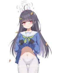  1girl absurdres ahoge animal_ears black_gloves black_hair blue_archive blue_serafuku blue_skirt blunt_bangs clothes_lift collarbone commentary_request fake_animal_ears gloves gluteal_fold green_neckerchief hairband halo head_tilt highres leaf leaf_on_head lifted_by_self long_hair long_sleeves looking_at_viewer miyu_(blue_archive) navel neckerchief panties panties_under_pantyhose pantyhose pleated_skirt print_panties rabbit_ears red_eyes school_uniform serafuku shi&#039;er_jiang sidelocks simple_background skirt skirt_lift solo stomach tearing_up underwear white_background white_pantyhose  rating:Sensitive score:30 user:danbooru