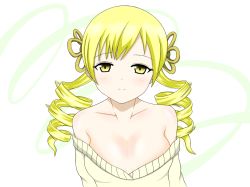  10s 1girl bare_shoulders blonde_hair blush breasts cleavage closed_mouth drill_hair hair_ornament large_breasts long_hair looking_at_viewer mahou_shoujo_madoka_magica matching_hair/eyes no_bra off_shoulder silver_(252aries) smile solo sweater tomoe_mami twin_drills twintails upper_body yellow_eyes 
