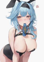  1girl absurdres alternate_costume anger_vein animal_ears bent_over black_hairband black_leotard blue_hair blue_necktie breasts butterfly_hair_ornament chest_harness cleavage detached_collar eula_(genshin_impact) fake_animal_ears genshin_impact gradient_eyes hair_ornament hairband harness highres large_breasts leotard leviathan_(hikinito0902) looking_at_viewer medium_hair mouth_hold multicolored_eyes necktie necktie_in_mouth playboy_bunny rabbit_ears simple_background solo strapless strapless_leotard wing_collar  rating:Sensitive score:38 user:danbooru