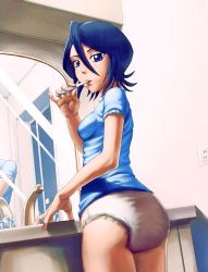  absurdres bleach breasts diaper highres kuchiki_rukia looking_at_viewer looking_back no_pants small_breasts speh third-party_edit toothbrush underwear  rating:Questionable score:58 user:Platinum_Rain