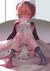 1girl after_vaginal aftersex ass bed bed_sheet blonde_hair blush breasts crying crying_with_eyes_open cum cum_in_pussy cum_pool cumdrip female_focus full_body girls&#039;_frontline gloves green_eyes half-closed_eyes highres holding holster jacket jacket_on_shoulders knees_together_feet_apart looking_at_viewer medium_breasts nude open_clothes open_jacket open_mouth sheet_grab shiny_skin short_hair sidelocks socks solo sunlight tears thigh_strap tsurime twintails welrod_mkii_(girls&#039;_frontline) window yueqin_(monnpiano) rating:Explicit score:51 user:danbooru