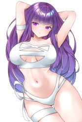  1girl absurdres amepon arms_behind_head bare_shoulders bikini blue_hair blush breasts breasts_apart closed_mouth collarbone commentary fern_(sousou_no_frieren) gradient_hair highres large_breasts long_hair multicolored_hair navel purple_eyes purple_hair side-tie_bikini_bottom simple_background solo sousou_no_frieren swimsuit thigh_strap thighs white_background white_bikini 