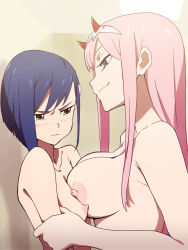10s 2girls asymmetrical_docking bad_id bad_pixiv_id blue_hair blush breast_envy breast_press breasts closed_mouth commentary_request darling_in_the_franxx green_eyes highres horns ichigo_(darling_in_the_franxx) large_breasts long_hair looking_at_another monsoon multiple_girls nipples nude pink_hair red_horns short_hair size_difference small_breasts smile smirk smug upper_body yuri zero_two_(darling_in_the_franxx) rating:Explicit score:325 user:danbooru