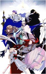 3girls 5boys airgetlam_(fate) armor arondight_(fate) artoria_pendragon_(fate) artoria_pendragon_(lancer)_(fate) bedivere_(fate) black_armor black_cape black_gloves black_hair blonde_hair blue_cape blue_dress blue_eyes border bow_(weapon) bright_pupils cape clarent_(fate) closed_eyes closed_mouth crown domu_(hamadura) dress facing_away fate/grand_order fate_(series) faulds feet_out_of_frame floating_cape from_behind fur-trimmed_cape fur_trim gauntlets gawain_(fate) gloves glowing glowing_sword glowing_weapon gold_trim green_eyes green_tunic grey_hair hair_between_eyes hair_over_one_eye hair_tubes highres holding holding_bow_(weapon) holding_sword holding_weapon knight knights_of_the_round_table_(fate) lancelot_(fate/grand_order) long_hair looking_at_viewer looking_back low_twintails mash_kyrielight mordred_(fate) mordred_(fate/apocrypha) multiple_boys multiple_girls outstretched_arm parted_bangs pink_hair planted planted_sword planted_weapon ponytail portrait prosthesis prosthetic_arm purple_eyes purple_hair red_hair red_robe robe serious short_hair shoulder_armor side_cape spiked_hair sword tristan_(fate) tunic twintails weapon white_background white_border white_cape white_pupils
