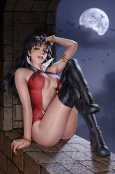  1girl bat_(animal) black_footwear black_hair boots breasts clothing_cutout cloud collar crossed_legs earrings full_moon gold_bracelet grey_eyes hand_on_own_head highres jewelry large_breasts long_hair looking_at_viewer moon navel_cutout night one-piece_swimsuit outdoors red_nails red_one-piece_swimsuit sitting solo swimsuit thigh_boots vampirella vampirella_(character) white_collar yoon_junggeun 