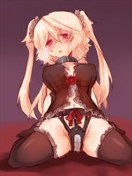 1girl :o arms_behind_back babydoll bad_id bad_pixiv_id bdsm black_thighhighs blonde_hair blush bondage bound breasts chastity_belt collar covered_erect_nipples elsie-san_(oshiruko) female_focus frilled_thighhighs frills full-face_blush heavy_breathing lingerie long_hair navel nipples no_bra no_pants nose_blush original oshiruko_(tsume) perky_breasts red_eyes scrunchie see-through sitting solo spread_legs sweat thighhighs thighs twintails two_side_up underwear very_long_hair wariza rating:Questionable score:28 user:lkjh098