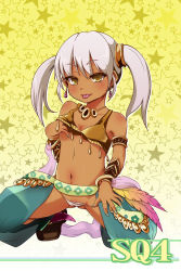  1girl bad_id belt bikini breasts dancer dancer_(sekaiju) dark-skinned_female dark_skin earrings etrian_odyssey feathers female_focus gem harem_outfit harem_pants highres jewelry kneeling looking_at_viewer nail_polish navel necklace pants small_breasts solo swimsuit tongue tongue_out twintails vambraces white_hair yellow_eyes  rating:Questionable score:28 user:Sureok